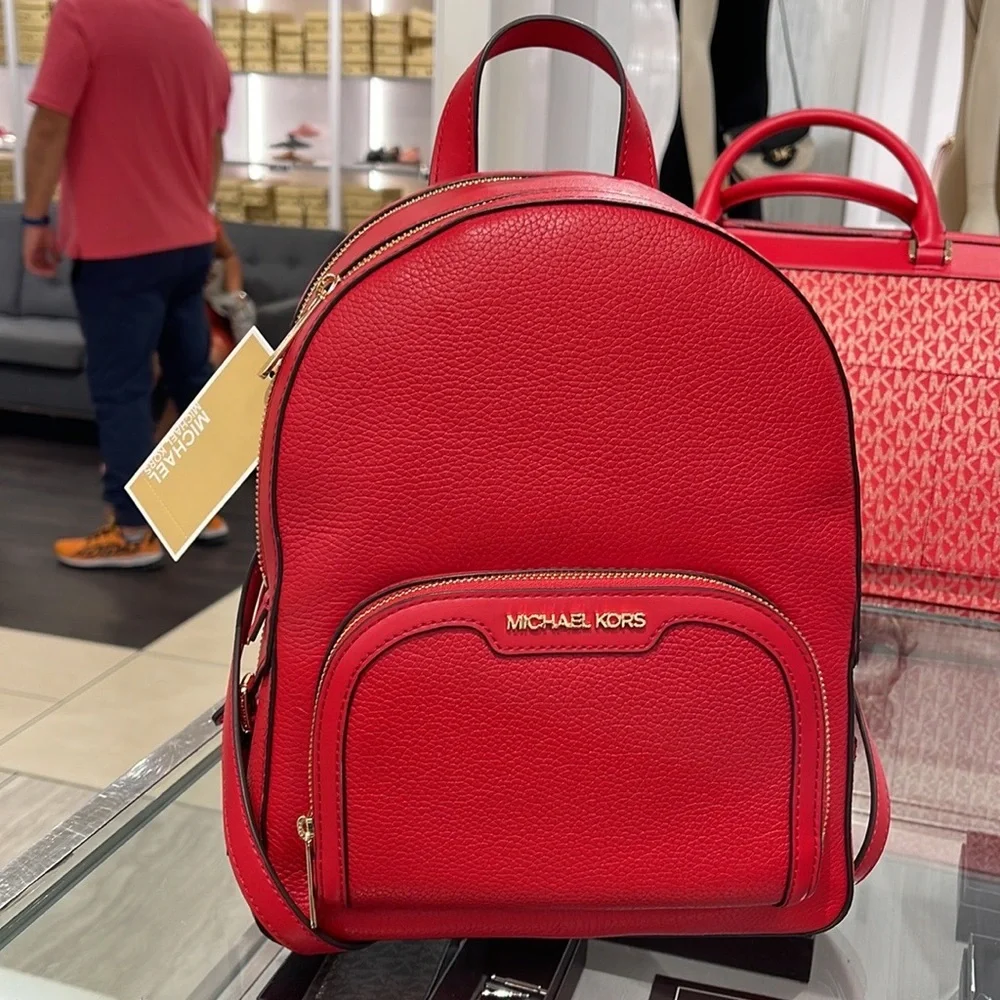Michael Kors Jaycee Medium Pebbled Leather Backpack Bright Red NWT